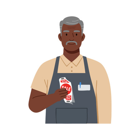 Middle aged man in beige shirt and gray apron holding a sale ticket, standing with a neutral expression, vector illustration calm mood.のイラスト素材