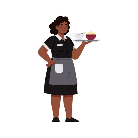 Woman in a waitress uniform holds a tray with food and sauce, presenting it confidently in a simple flat vector style. Calm mood.のイラスト素材