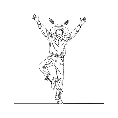 The image shows a dancing girl with pigtails wearing a hat and casual clothes raising her arms joyfully in a lively pose. Energetic mood.のイラスト素材