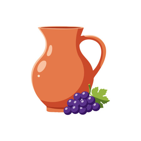 Vector illustration shows a clay pitcher with purple grapes and green leaf, designed for kitchen and dining themes. Simple and clean style. Cheerful.のイラスト素材