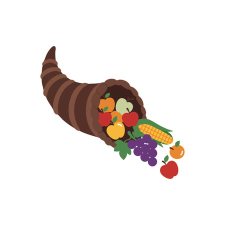 Illustration shows a cornucopia filled with various autumn fruits and vegetables, symbolizing abundance and harvest mood.のイラスト素材