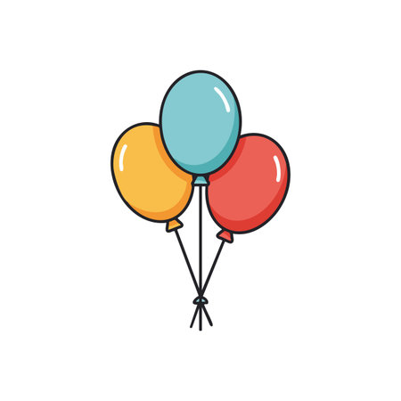 The image shows a cluster of blue, orange, and red balloons tied together, symbolizing celebration and festivity in a cheerful mood.のイラスト素材