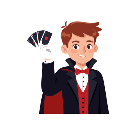 Young magician in black cape and red vest performs a card trick with a smile, creating a playful and magical atmosphere. Cheerful mood.のイラスト素材