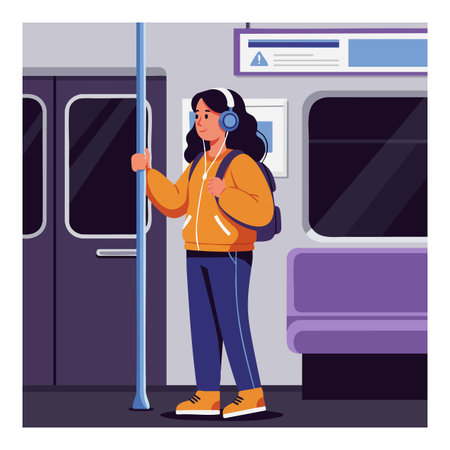 Illustration shows young woman standing in subway train holding pole, wearing headphones and backpack, evoking calm and focused mood.のイラスト素材