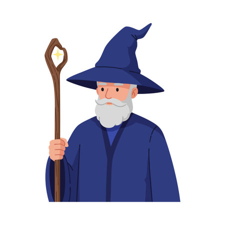 Illustration shows a wizard wearing a blue robe and pointed hat holding a wooden staff with a sparkling tip in a magical style. Mystical mood.のイラスト素材