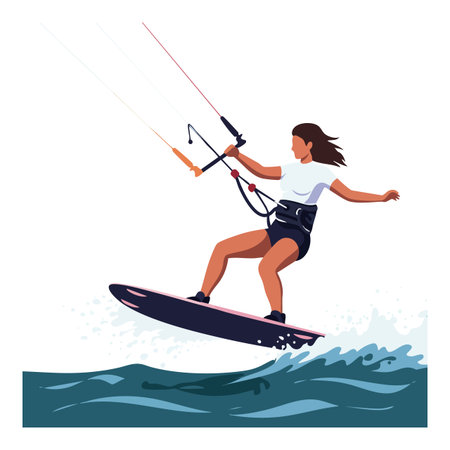 Illustration shows a woman riding a kiteboard over ocean waves in dynamic motion with wind and water splash, energetic mood.のイラスト素材