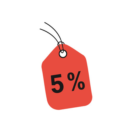 This vector shows a red sale tag with a five percent discount sign hanging by a string, symbolizing shopping and savings in retail environments. Cheerful.のイラスト素材