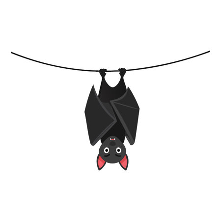 Vector illustration of a black bat hanging upside down on a wire with pink ears and big eyes, creating a playful and charming mood.のイラスト素材