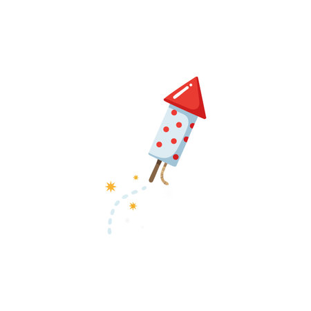 Vector illustration shows a firework rocket with red cone and blue polka dot body launching with sparks, creating a festive mood.のイラスト素材