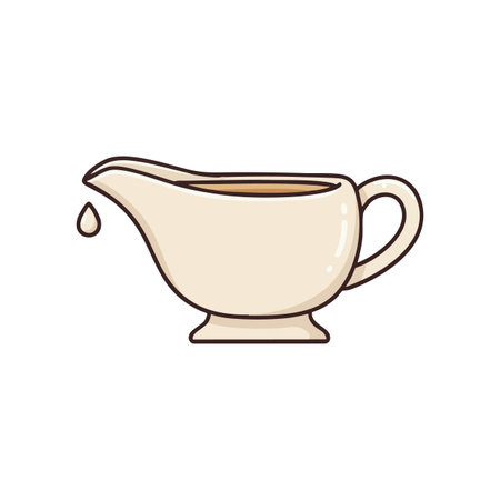 Vector illustration shows a beige cream sauceboat with a drop of sauce falling, outlined in brown, creating a simple and clean design. Calm.のイラスト素材