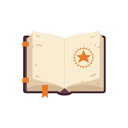 This vector illustration shows an open magical book with a star symbol on the page, featuring orange accents and a flat design style. Calm mood.のイラスト素材