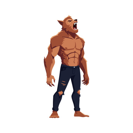 Illustration depicts a fierce werewolf standing and roaring, showing muscular body and ripped pants with a white background, intense mood.のイラスト素材