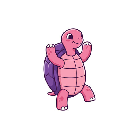 This vector illustration shows a cute pink and purple turtle standing on its hind legs, presenting a playful and joyful mood.のイラスト素材
