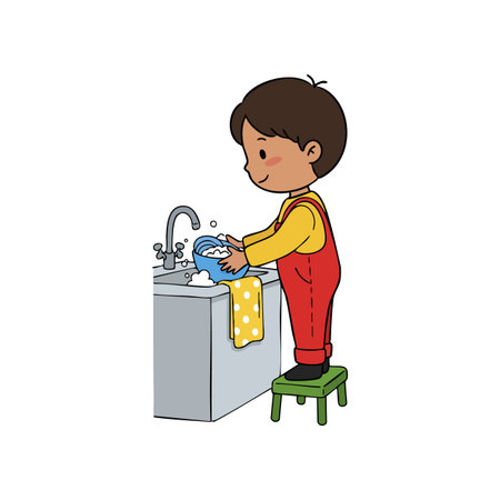 Child stands on a green stool washing hands at a sink with yellow towel hanging, promoting hygiene and care in cheerful mood.のイラスト素材