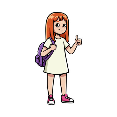 Illustration of a young girl with orange hair, white dress, and purple backpack giving thumbs up, expressing positivity and confidence. Cheerful mood.のイラスト素材