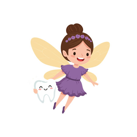 Vector illustration of a tooth fairy flying happily while holding a smiling tooth, wearing a purple dress and wings, cheerful and playful mood.のイラスト素材