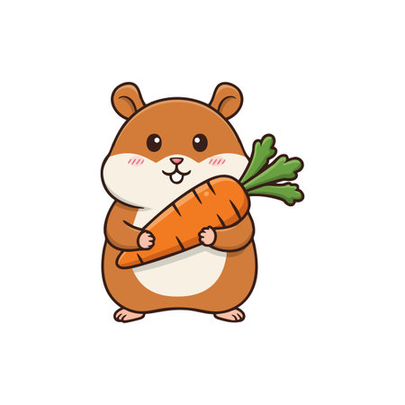 This vector shows a cute brown hamster holding a fresh orange carrot with green leaves in a simple cartoon style. Cheerful mood.のイラスト素材