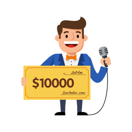 Illustration shows a man in blue suit holding a large check and microphone, symbolizing prize award and celebration, with cheerful mood.のイラスト素材