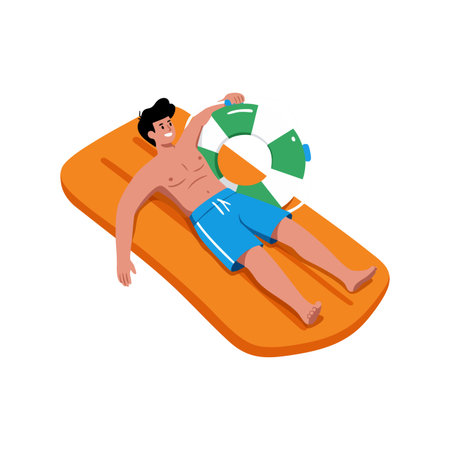 Illustration shows a man lying on an orange air mattress wearing blue shorts, holding a green and white inflatable ring, in a summer leisure mood.のイラスト素材