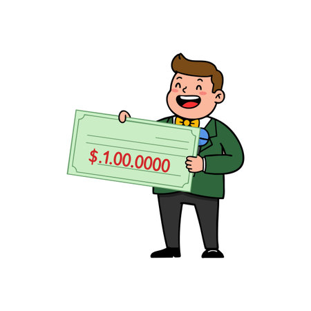 Young businessman happily holds an oversized check representing financial success and achievement in a cheerful mood.のイラスト素材