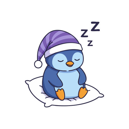 Cute blue penguin sleeps peacefully on a white pillow wearing a purple nightcap with zzz symbols in a calm scene. Calmのイラスト素材