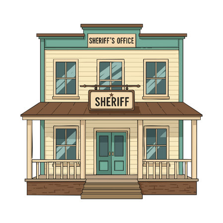 Illustration shows a western style sheriff office building with a porch and signage in calm daylight, creating a nostalgic mood.のイラスト素材