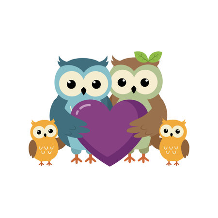 Illustration shows a family of four owls holding a large purple heart, expressing affection and unity in a charming style. Cheerful mood.のイラスト素材
