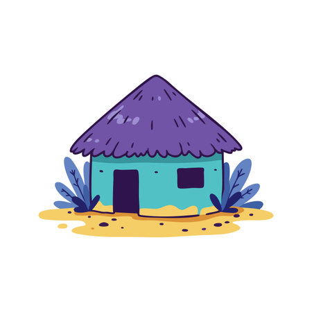 This vector shows a small traditional hut with a purple thatched roof and blue walls surrounded by plants and sand, evoking a calm mood.のイラスト素材