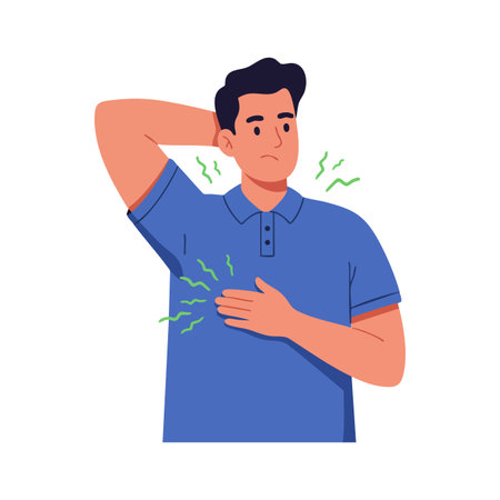 Illustration shows a man in a blue shirt covering his armpit with green odor lines indicating body odor discomfort, conveying unease and concern.のイラスト素材