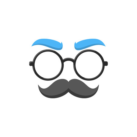 Vector shows a simple mustache, round eyeglasses, and blue eyebrows in a minimalist style. Clean and modern mood.のイラスト素材