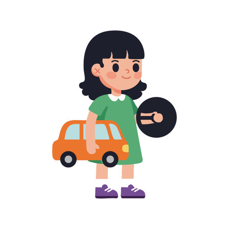 Vector illustration of a girl in a green dress holding an orange toy car and a black disc, standing with a confident expression, playful mood.のイラスト素材