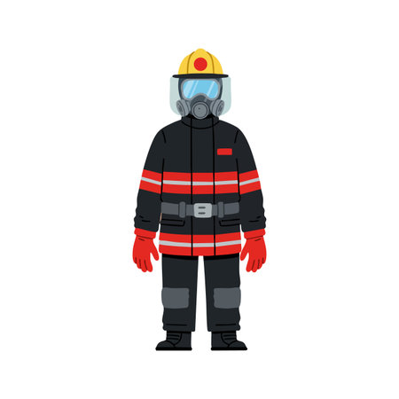 Illustration shows a firefighter in full protective gear including helmet, mask, gloves, and uniform, standing and ready for action. Confident mood.のイラスト素材