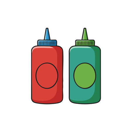 Two condiment bottles in red and green colors with pointed caps stand side by side in a simple vector style. Cheerful and inviting.のイラスト素材
