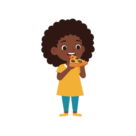 Vector illustration shows a girl happily eating a slice of pizza, wearing a yellow top and blue pants. Cheerful and playful mood.のイラスト素材