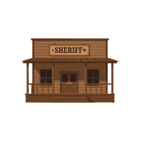 This vector shows a wooden sheriff office building facade with porch and windows in western style, conveying rustic and historic mood.のイラスト素材