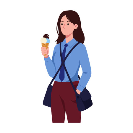 Illustration shows a young woman in office clothes holding an ice cream cone, standing calmly with a shoulder bag, casual and relaxed mood.のイラスト素材