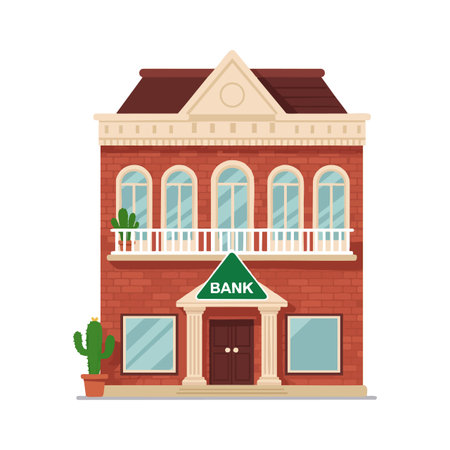 Illustration shows a bank building with red brick walls, large windows, balcony, green sign, and a potted cactus, emitting a calm mood.のイラスト素材