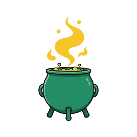 Illustration features a green cauldron emitting yellow steam, suggesting a magical potion brewing. Clean style with bright colors, cheerful mood.のイラスト素材