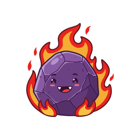 A happy purple fireball character with cute facial features surrounded by bright orange flames in a playful cartoon style, cheerful mood.のイラスト素材