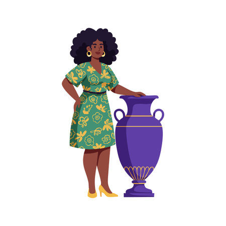Illustration of a woman in a green floral dress standing beside a large purple vase, featuring bold colors and confident posture, calm mood.のイラスト素材