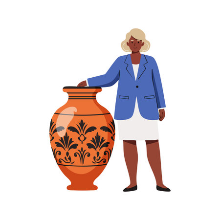 Illustration shows a woman standing next to a large orange vase with black floral designs, wearing a blue blazer and white skirt, calm atmosphere.のイラスト素材