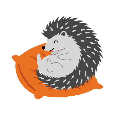 Illustration shows a peaceful hedgehog curled up on a soft orange pillow, conveying warmth and relaxation in a cozy mood.のイラスト素材