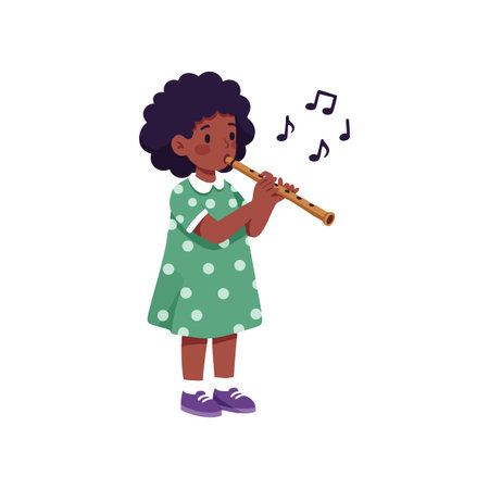 Young child with curly hair plays a wooden flute while musical notes float nearby, creating a joyful and playful atmosphere.のイラスト素材