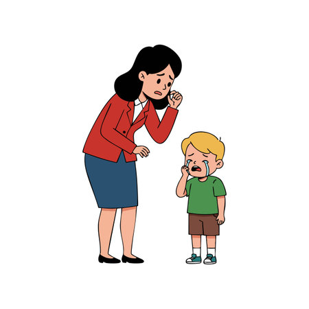 Woman in red jacket comforts crying boy in green shirt and brown shorts, showing care and concern in a supportive moment. Compassionate mood.のイラスト素材