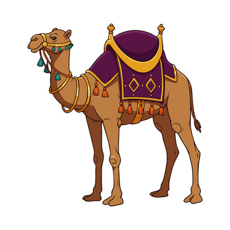 Illustration shows a camel with a purple and orange decorative saddle and tassels standing calmly, emitting a warm and tranquil mood.のイラスト素材