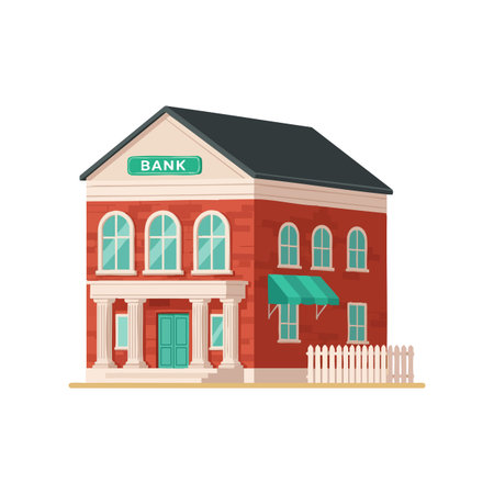 Illustration shows a bank building with red bricks and green doors under daylight, featuring white columns and windows, in a calm mood.のイラスト素材