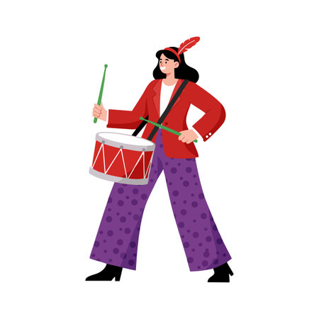 Woman plays a red drum with green drumsticks while wearing a red jacket and purple polka dot pants. Cheerful and lively mood.のイラスト素材
