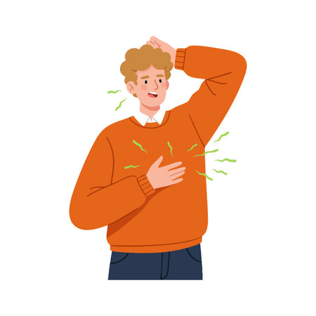 Illustration shows young man in orange sweater sweating and feeling discomfort, touching his chest and head with green odor lines, anxious mood.のイラスト素材