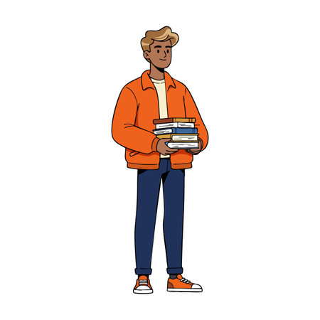 Illustration shows a young man standing and holding books wearing an orange jacket and sneakers, conveying a relaxed and studious mood.のイラスト素材