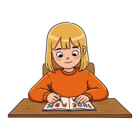 Girl with blonde hair writes in a colorful notebook while sitting at a wooden desk, focused and calm mood.のイラスト素材